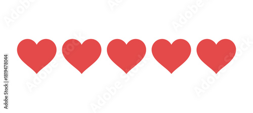 Five red hearts arranged in a horizontal row on a plain white background