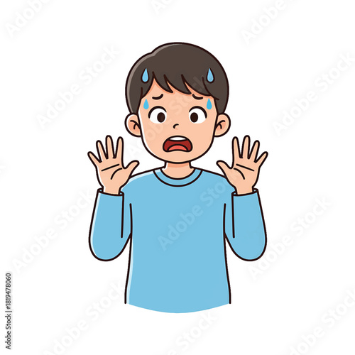 Surprised Young Boy Sweating with Hands Raised in Fear.