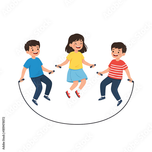 Three Happy Children Jumping Rope in Joyful Play.