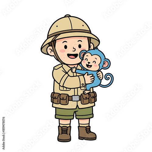 Young Boy Explorer Holding Cute Blue Monkey.