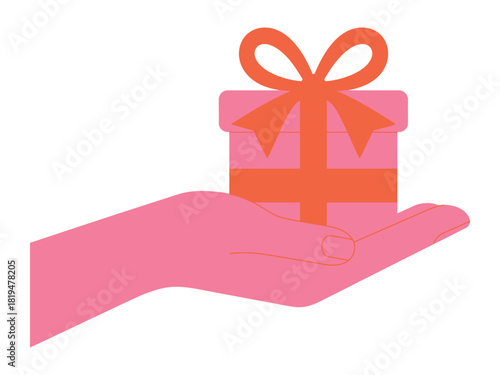 Illustration of a pink hand holding a pink gift box with orange ribbon