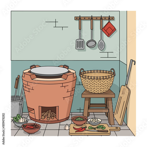 Rustic kitchen interior with traditional stove and fresh ingredients artwork