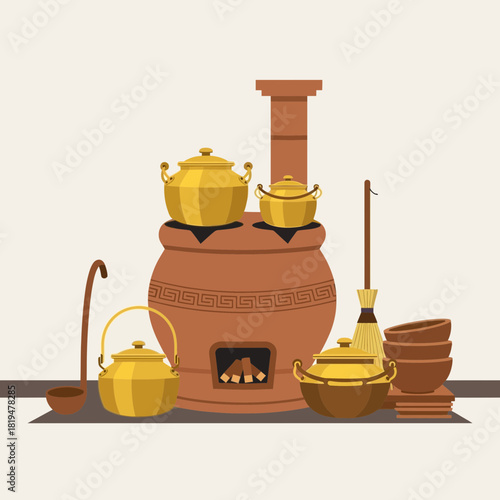 Rustic kitchen with terracotta oven, gold pots, and traditional utensils
