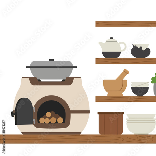 Rustic kitchen illustration with wood-burning stove and classic tableware display