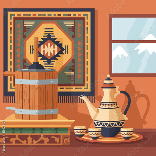 Stylized cultural still life with handcrafted traditional objects indoors
