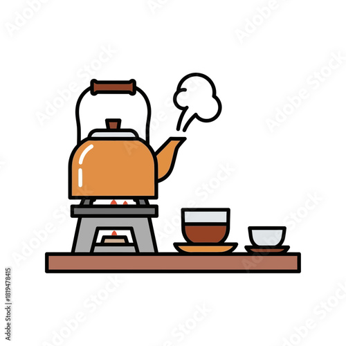 Stylized tea ceremony setup with teapot, burner, and cups illustration