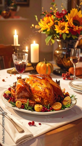 Roasted turkey centerpiece, floral arrangement and lit candles