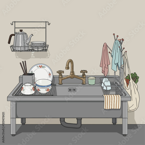 Stylized Kitchen Sink Scene with Dishes, Utensils, and Sustainable Elements