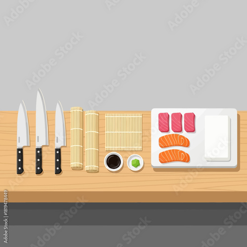 Sushi preparation table arrangement, raw fish pieces and traditional knives