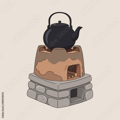 Traditional Asian Teapot on Clay Stove with Firewood Digital Illustration