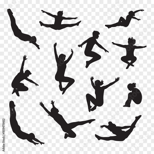 Collection of jumping and diving people vector silhouette illustration set