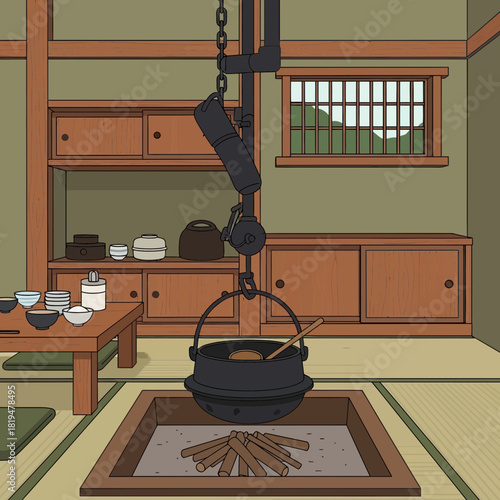 Traditional Japanese Irori Hearth Scene with Hanging Pot and Wooden Interior