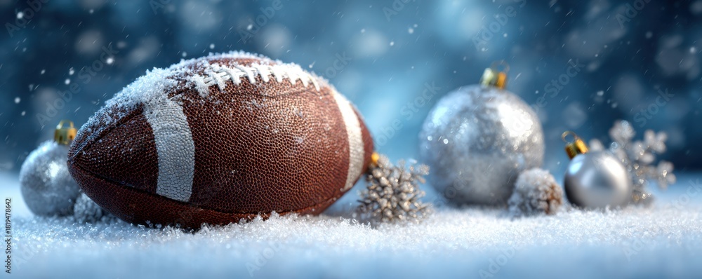 Obraz premium American football Christmas background with snow and decorations.