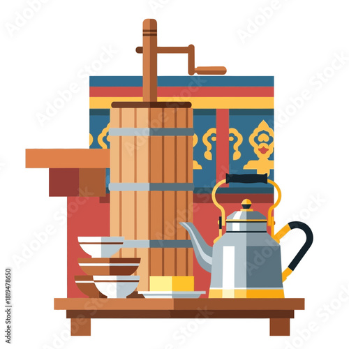 A Traditional Setup for Making Tibetan Butter Tea or Po Cha Illustration