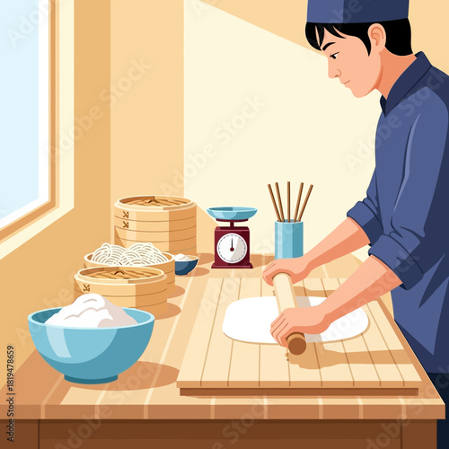 Artistic depiction of a dumpling chef preparing dough in a bright kitchen