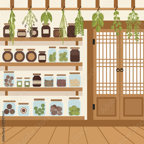 Aesthetic pantry illustration with rustic shelves and a collection of jars