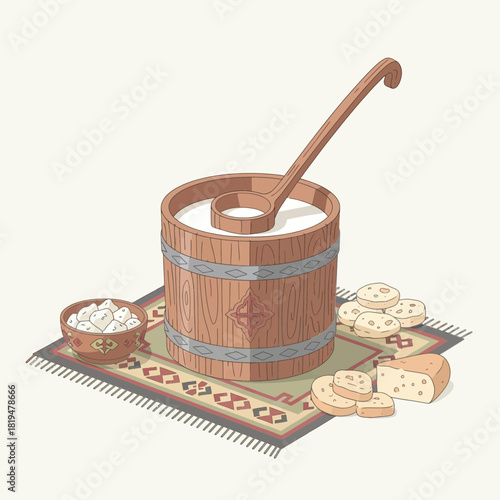 Artistic depiction of dairy delicacies with rustic and cultural elegance