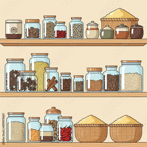 Artistic Depiction of a Well-Stocked Pantry with Varied Culinary Ingredients