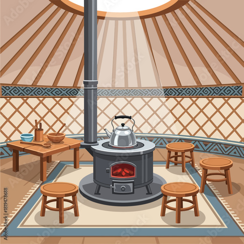 Authentic Yurt Interior Illustration with Traditional Stove and Kettle