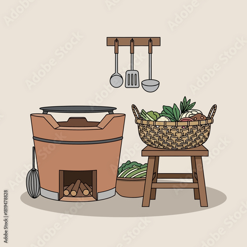 Cozy Kitchen with Traditional Charcoal Stove and Fresh Vegetable Basket