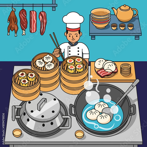 Crafting delectable dim sum cartoon illustration in vibrant kitchen scene
