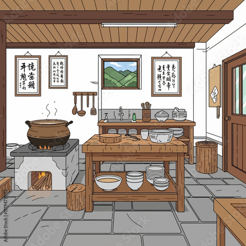 Detailed Illustration of a Traditional Asian Kitchen Interior with Culinary Elements