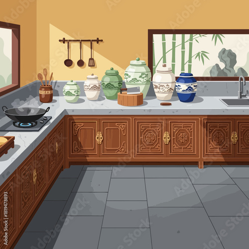 Detailed vector illustration of a traditional oriental kitchen interior scene