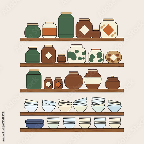 Kitchen storage setup with jars and bowls neatly arranged on wooden shelves