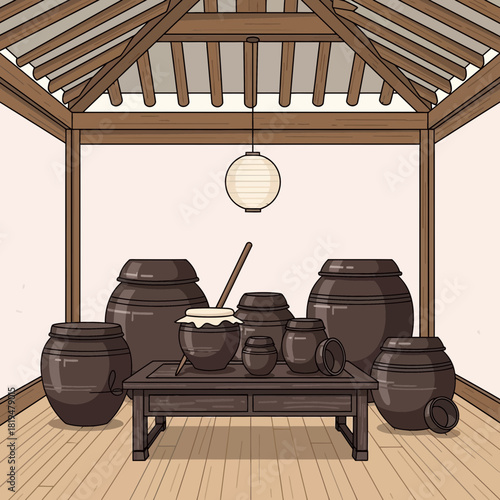 Korean traditional fermenting jars on wooden platform in shaded room