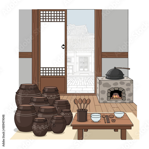 Korean Traditional Kitchen Scene with Onggi Jars and Cookware Drawing