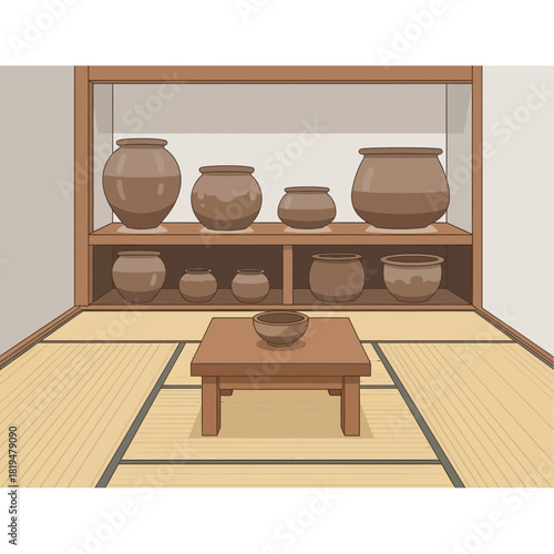 Minimalist showcase of pottery vessels inside a simple japanese styled room