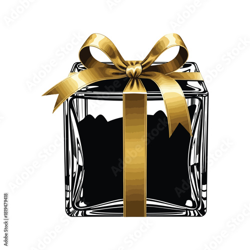 Thin gold ribbon bow over a glass gift box illustrated as a minimal black and white silhouette vector for festive design