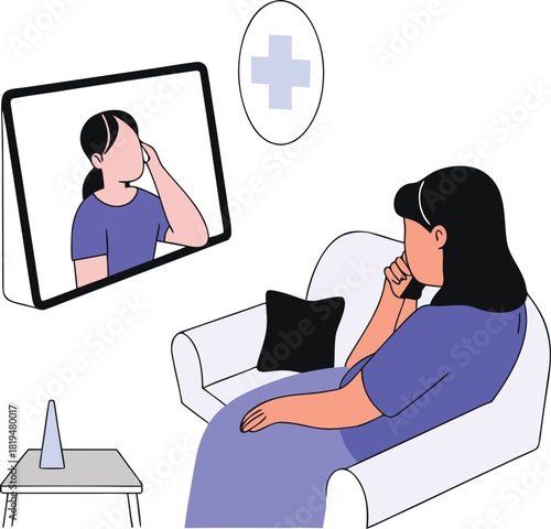 Worried Woman at Home Having Remote Telemedicine Consultation with Doctor on TV Screen