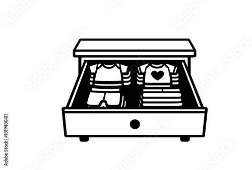 Drawer with folded baby clothes black silhouette with knob and stack lines nursery setup element