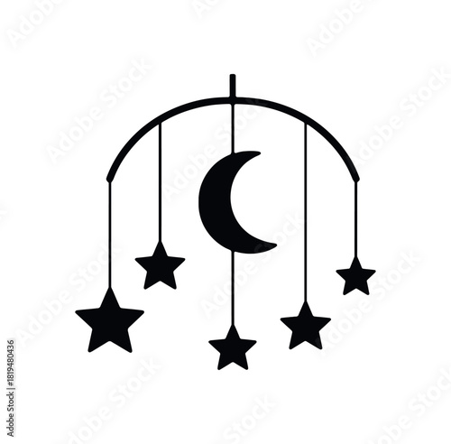 Stars and moon mobile arch black silhouette with string and shape lines dreamy baby room decor
