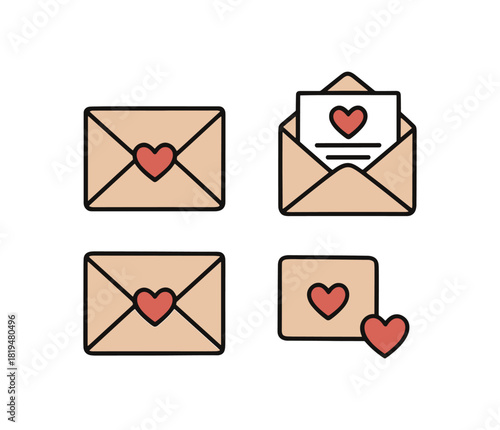 four cute envelopes with hearts and love letters open and closed beige envelopes small heart stickers minimal flat vector illustration modern romantic design isolated on white background