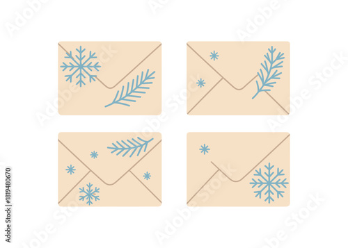 four winter envelopes with snowflakes and fir branches beige paper cool blue accents flat vector illustration clean modern minimal design