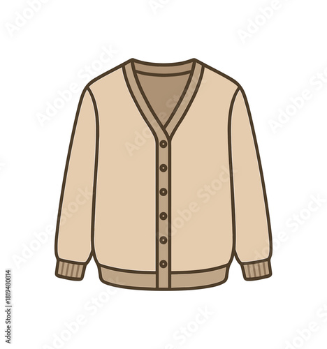 Flat vector illustration of cardigan with button row rounded hem and cuffs clean vector design