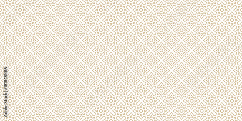 Delicate islamic geometric seamless pattern with oriental arabesque star and floral motifs. Elegant gold background texture with linear ethnic lattice ornament design. Repeating wallpaper for decor