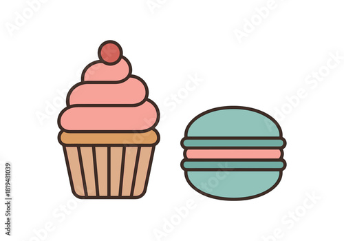 2 sweet treats cupcake macaron flat vector illustration modern minimal design