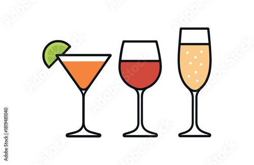 festive beverages cocktail glass wine champagne flat vector illustration clean minimal design