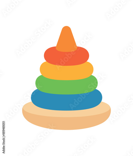 Flat vector illustration of stacking rings toy on base rounded shapes minimal children toy detail