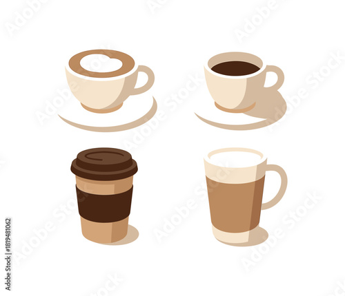 4 coffee shop drinks cappuccino espresso latte takeaway cup flat vector illustration modern minimal design