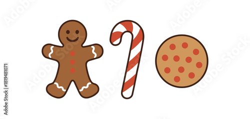 Christmas sweets gingerbread candy cane cookie flat vector illustration clean festive design
