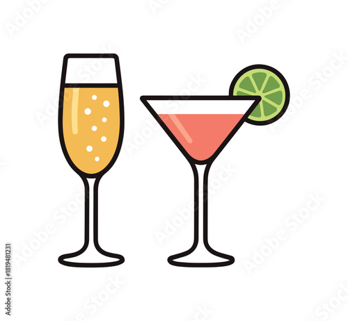 2 party drinks champagne cocktail glass flat vector illustration modern clean style