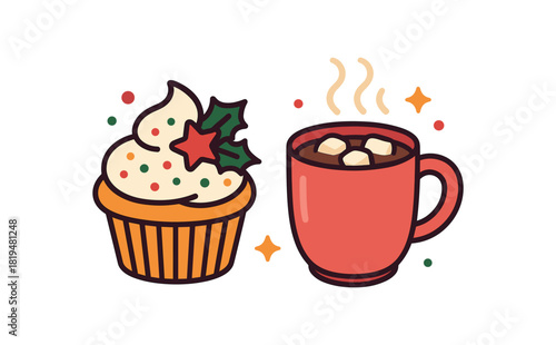 2 sweet holiday items cupcake cocoa mug flat vector illustration modern cheerful style