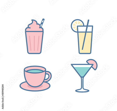 4 pastel drinks milkshake lemonade tea cup cocktail flat vector illustration modern minimal style