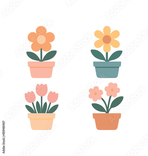 4 cute flower pots soft tones clean modern flat vector illustration