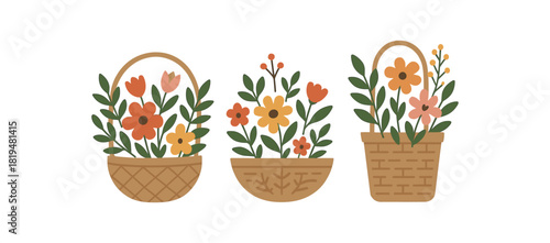 decorative baskets with flowers and leaves flat vector illustration minimal modern design