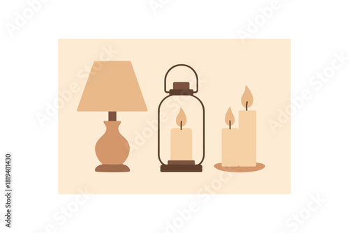 cozy lamps and candles soft tones flat vector illustration modern minimal design